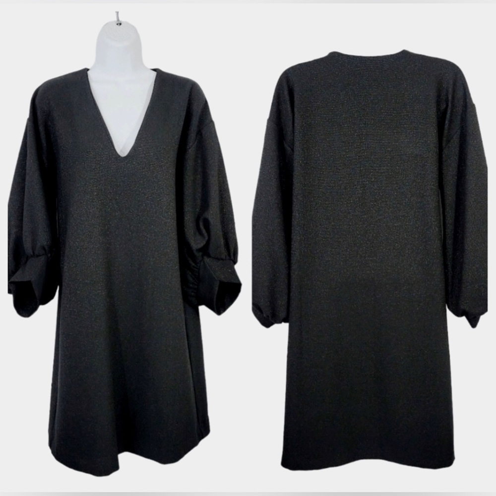 Uncle Frank Black Metallic Shift Balloon Bubble Cuff Sleeve Dress